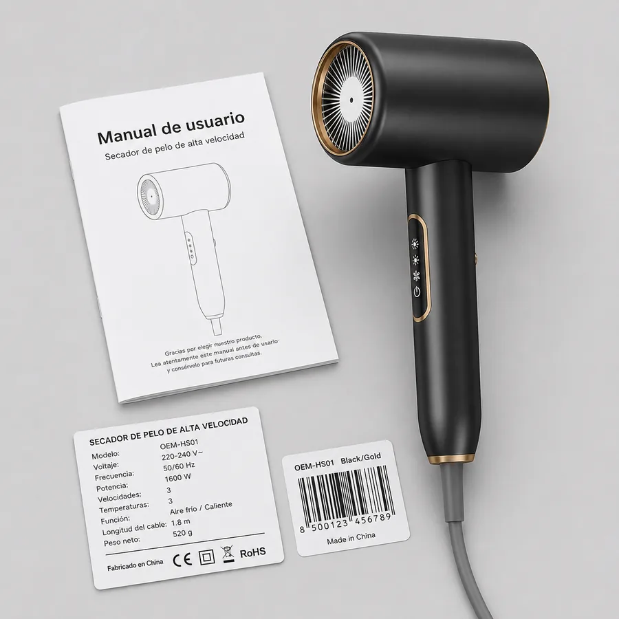 Manual en español, etiqueta y código de barras para OEM